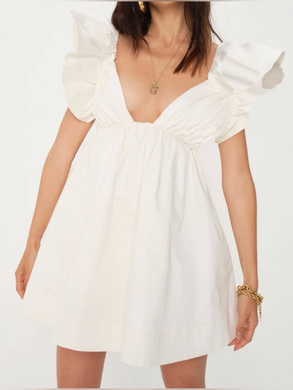 For Love + Lemons Clementine V-Neck Ruffle Sleeve Taffeta Babydoll Dress - Picture 3 of 11